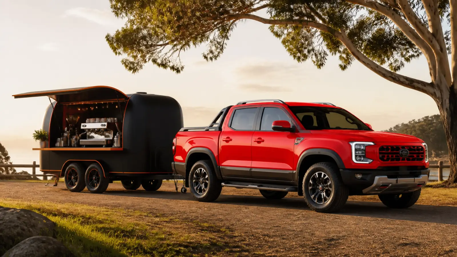 Can Man Coffee bright red ute towing its matte-black espresso trailer ready for an event